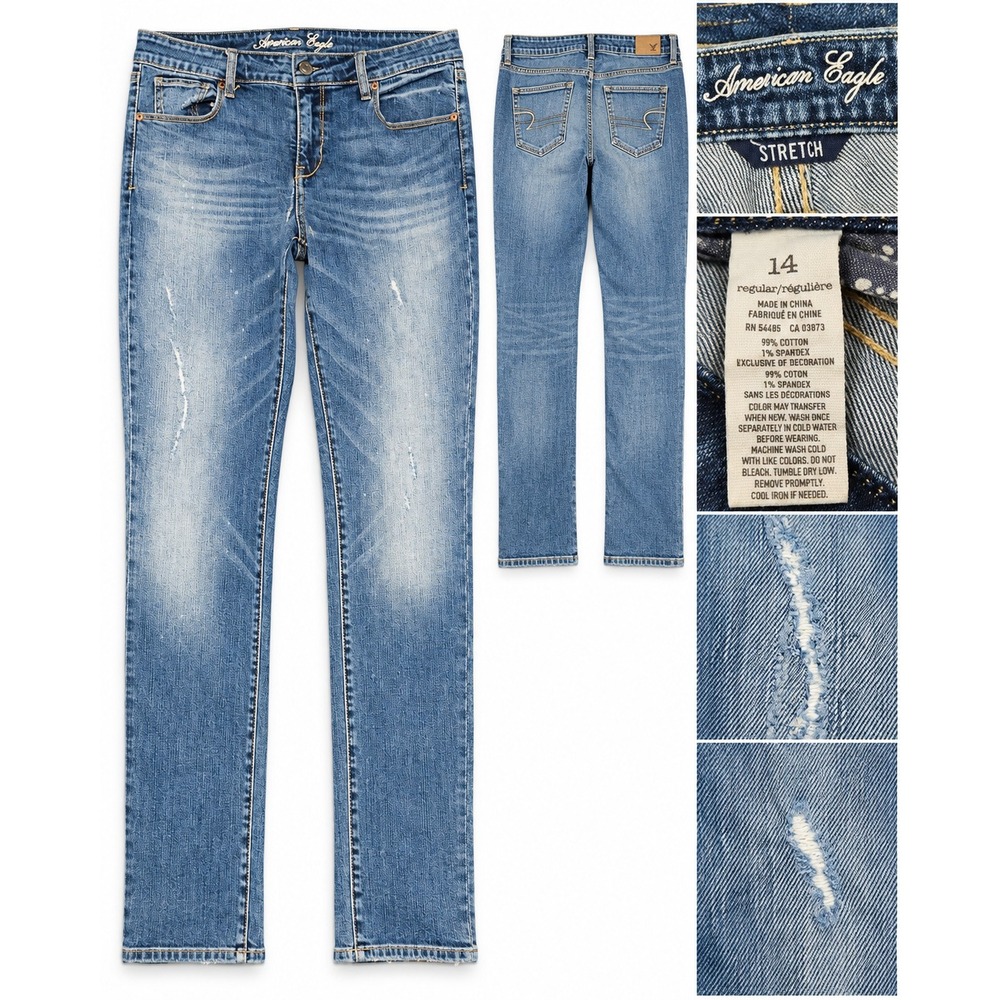 American Eagle Outfitters Stretch Straight Leg Distressed Blue Jeans Womens 14